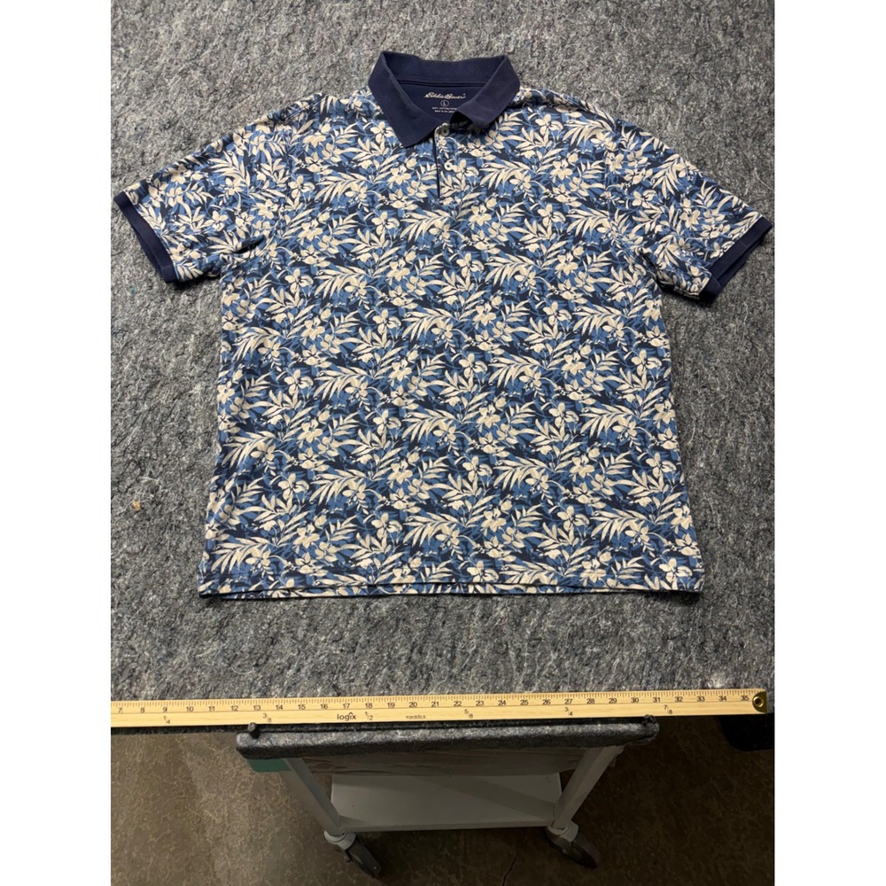 Eddie Bauer Mens Large Blue Floral Tropical Cotton Short Sleeve Polo Shirt 5899